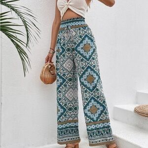 SHEIN Blue and White Geometric Wide Leg Pants